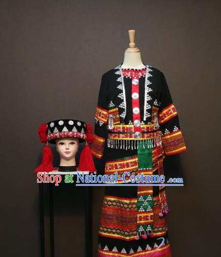 China Traditional Tujia Nationality Costumes Dai Minority Women Black Blouse and Skirt Ethnic Folk Dance Clothing with Headdress