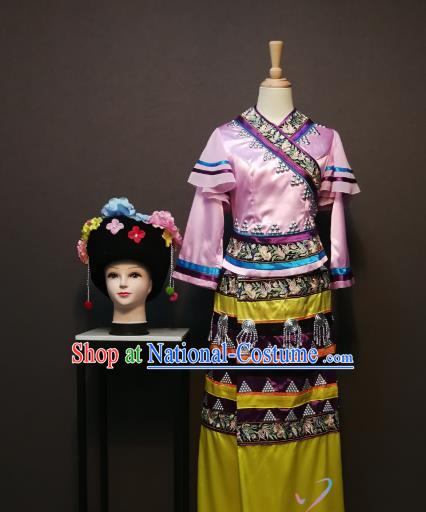 China Traditional Wa Nationality Costumes Bouyei Minority Women Pink Blouse and Skirt Ethnic Folk Dance Clothing with Headwear