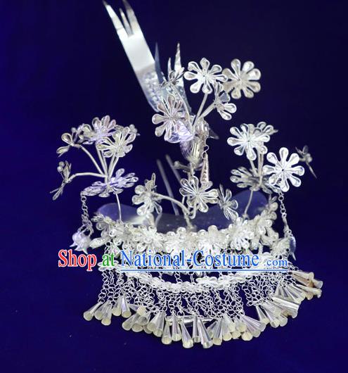 Chinese Miao Nationality Silver Bird Hair Crown Guizhou Ethnic Women Hair Accessories Tassel Hairpins