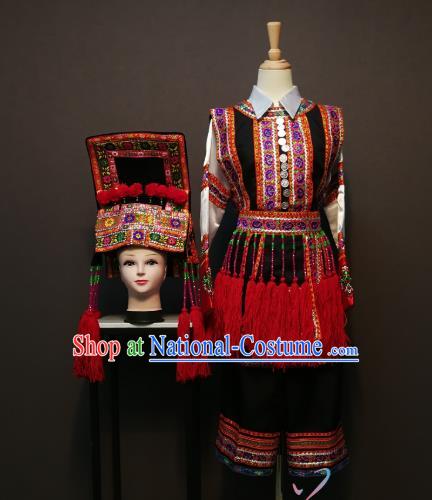 China Traditional She Nationality Costumes Ethnic Folk Dance Clothing Xiangxi Yi Minority Women Top and Skirt with Hat