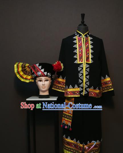 China Traditional Yunnan Nationality Men Costumes Ethnic Folk Dance Clothing Dai Minority Black Shirt and Pants with Hat