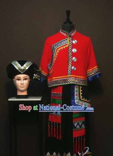 China Traditional Tujia Nationality Men Costumes Ethnic Folk Dance Clothing Yi Minority Red Shirt and Black Pants Outfits with Hat