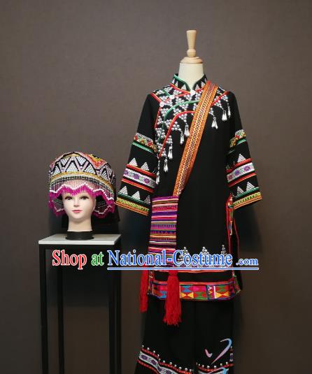 China Traditional Yunnan Nationality Black Blouse and Skirt Outfits Ethnic Folk Dance Clothing Lahu Minority Festival Women Costumes with Headdress