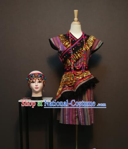 China Traditional Dulong Nationality Blouse and Skirt Outfits She Minority Festival Women Costumes Ethnic Folk Dance Clothing with Headpiece