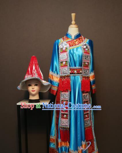 China Traditional Yugu Nationality Blue Dress Minority Festival Women Costumes Yunnan Yughurs Ethnic Folk Dance Clothing and Hat