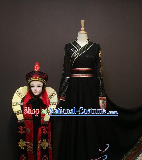 China Traditional Ethnic Saurden Dance Clothing Mongol Nationality Black Dress Mongolian Minority Women Costumes and Hat