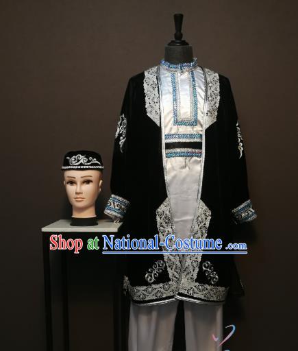 China Traditional Xinjiang Ethnic Dance Clothing Uyghur Nationality Black Shirt and Pants Minority Men Costumes and Headwear