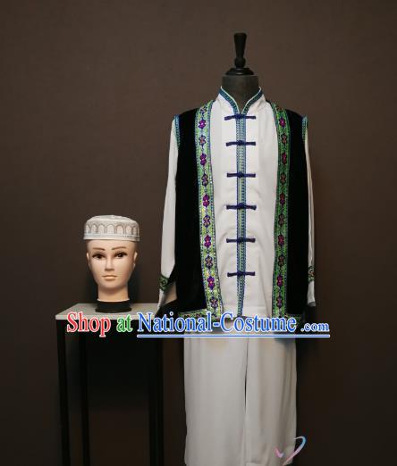 China Traditional Hui Ethnic Dance Clothing Minority Men Costumes Ningxia Nationality Vest Shirt and Pants and Headwear