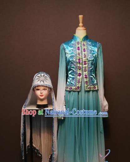 China Traditional Hui Ethnic Folk Dance Clothing Minority Women Costumes Ningxia Nationality Embroidered Blue Jacket with Dress and Headwear