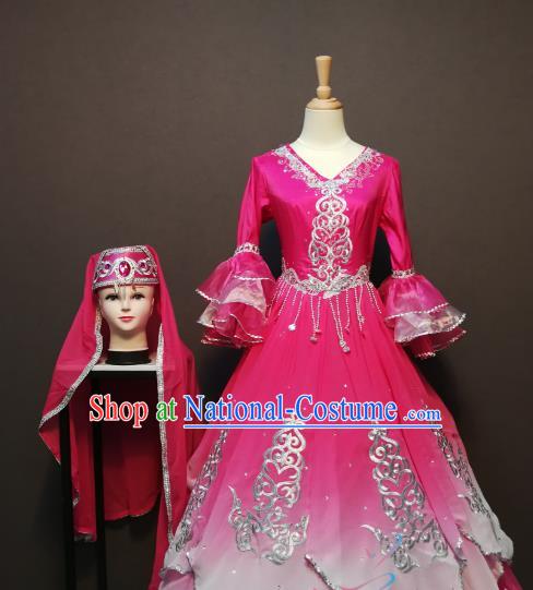 China Traditional Xinjiang Ethnic Folk Dance Clothing Minority Women Costumes Kazak Nationality Embroidered Rosy Dress and Headwear