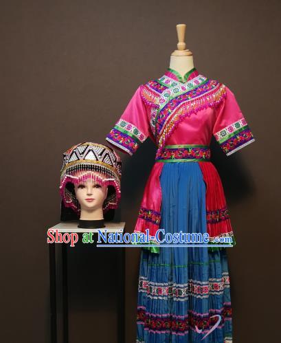 Custom China Traditional Li Li Ethnic Folk Dance Clothing Yunnan Minority Women Costumes Pumi Nationality Rosy Blouse and Blue Long Skirt and Hat