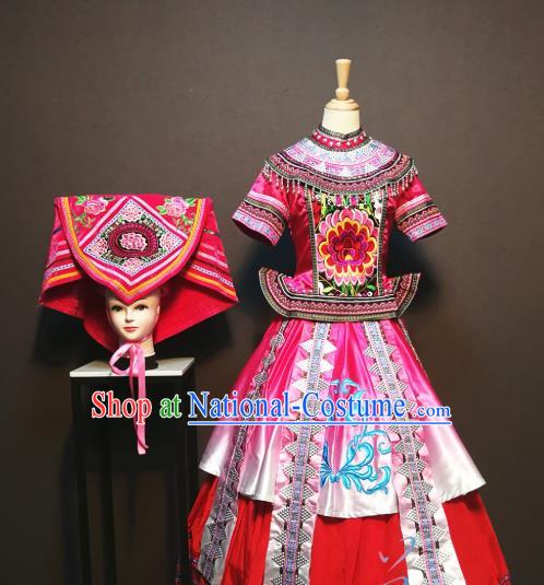 Custom China Traditional Zhuang Ethnic Folk Dance Clothing Guangxi Minority Women Costumes Nationality San Yue San Festival Rosy Embroidered Dress and Headdress