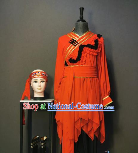 Custom China Traditional Mongolian Ethnic Folk Dance Clothing Minority Women Costumes Mongol Nationality Red Dress and Headpiece