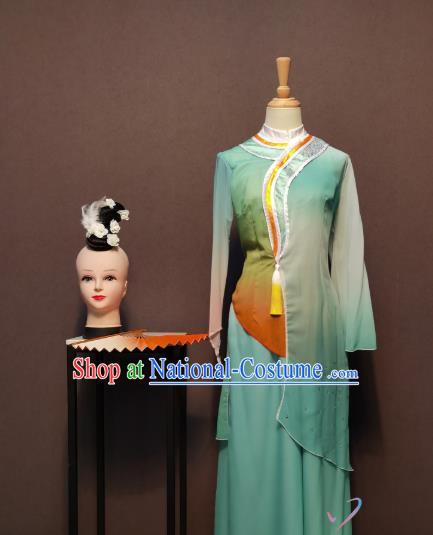 China Women Fan Dance Clothing Blue Dress Spring Festival Gala Classical Dance Costumes and Headwear