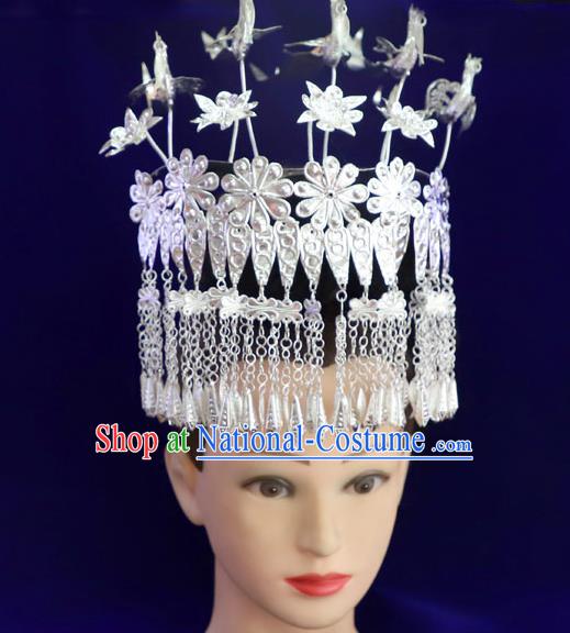 Chinese Miao Ethnic Women Hair Accessories Guizhou Miao Nationality Silver Five Birds Hair Crown Tassel Hairpins