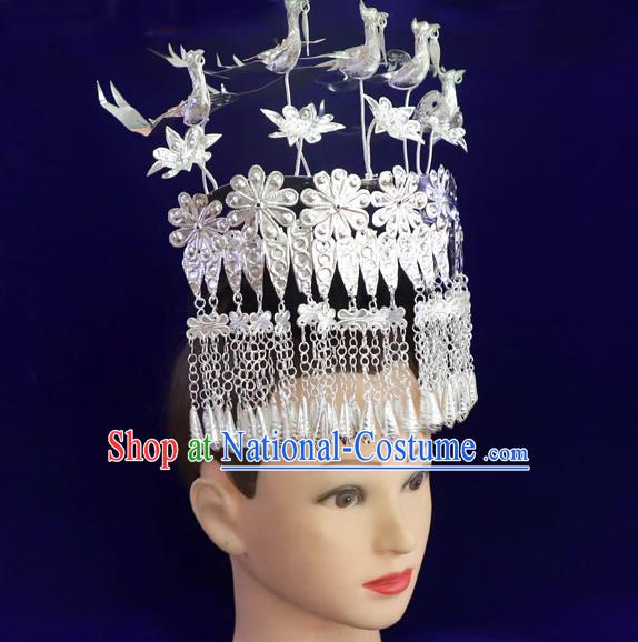 Chinese Miao Ethnic Women Hair Accessories Guizhou Miao Nationality Silver Five Birds Hair Crown Tassel Hairpins