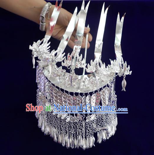 Chinese Miao Ethnic Women Hair Accessories Guizhou Miao Nationality Silver Five Birds Hair Crown Tassel Hairpins