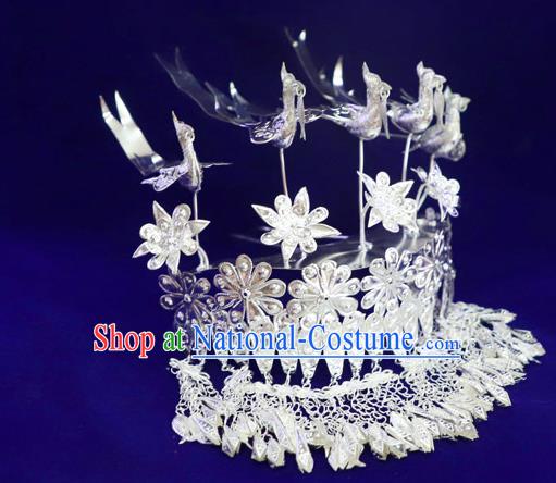 Chinese Miao Ethnic Women Hair Accessories Guizhou Miao Nationality Silver Five Birds Hair Crown Tassel Hairpins