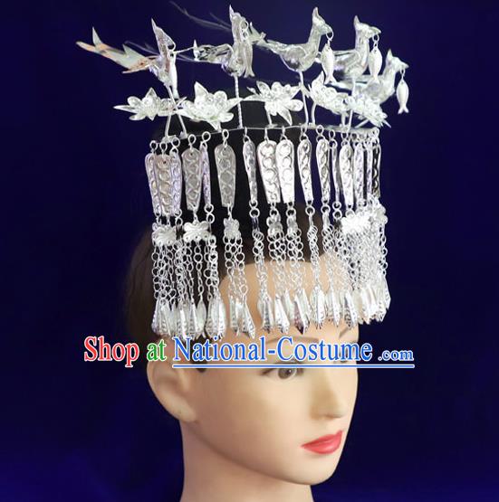 Chinese Miao Ethnic Women Hair Accessories Guizhou Miao Nationality Silver Five Birds Hair Crown Tassel Hairpins