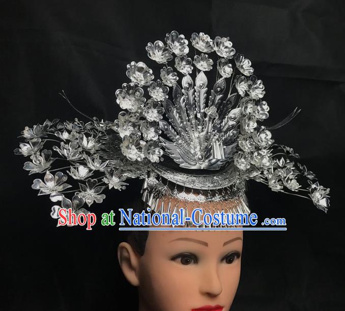 Handmade China Miao Minority Nationality Hair Accessories Dong Ethnic Folk Dance Headdress Peacock Hair Crown and Hairpins Set