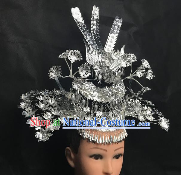 China Miao Minority Nationality Hair Accessories Handmade Dong Ethnic Folk Dance Headdress Phoenix Hair Crown Tassel Hair Comb and Hairpins Full Set