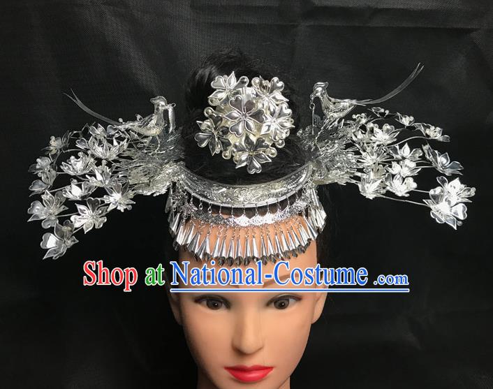 China Minority Flower Hair Crown and Bird Hairpins Miao Nationality Hair Accessories Handmade Dong Ethnic Folk Dance Headdress