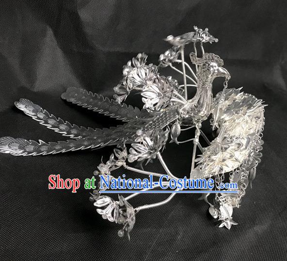 China Minority Bride Argent Phoenix Hair Crown Handmade Ethnic Hairpin Miao Nationality Hair Accessories