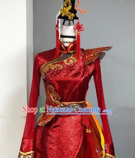 Traditional China Classical Dance Costume New Year Drum Dance Red Dress and Hair Accessories for Women