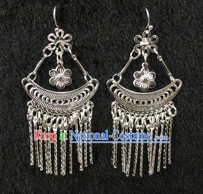 China National Argent Tassel Earrings Handmade Ethnic Minority Women Eardrop Stage Performance Ear Accessories