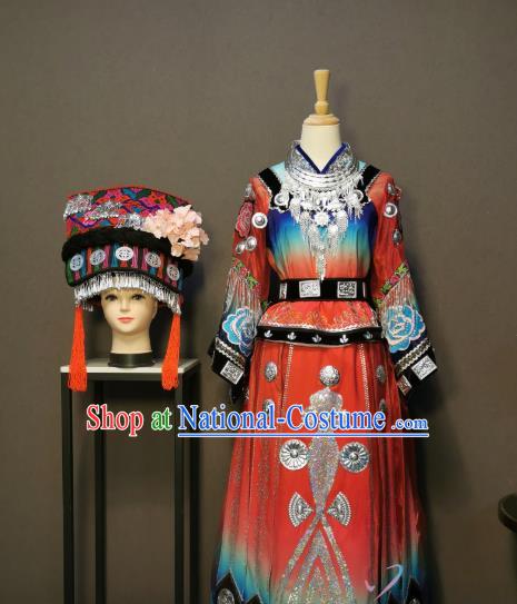 China Traditional Miao Nationality Costumes Ethnic Folk Dance Clothing Minority Wedding Dress and Headwear for Women