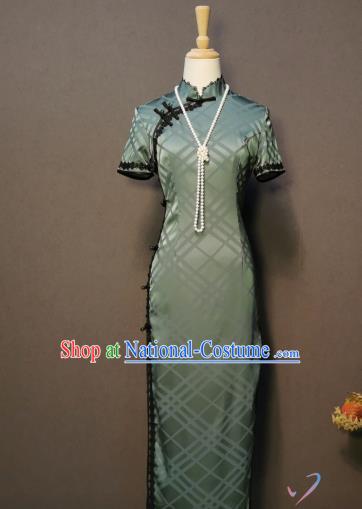 China Stage Performance Green Silk Qipao Dress Classical Dance Costume Women Cheongsam