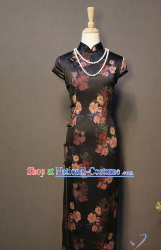 China Printing Peony Black Silk Qipao Dress Classical Dance Costume Women Stage Performance Cheongsam