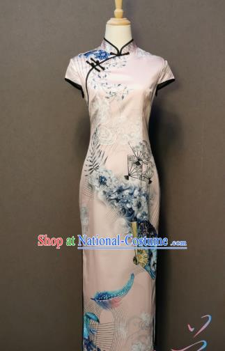 China Printing White Silk Qipao Dress Shanghai Traditional Cheongsam Classical Dance Costume