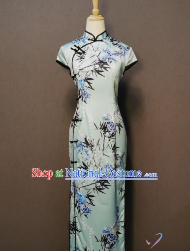 China Printing Bamboo Qipao Dress Shanghai Traditional Long Style Cheongsam Classical Catwalks Clothing