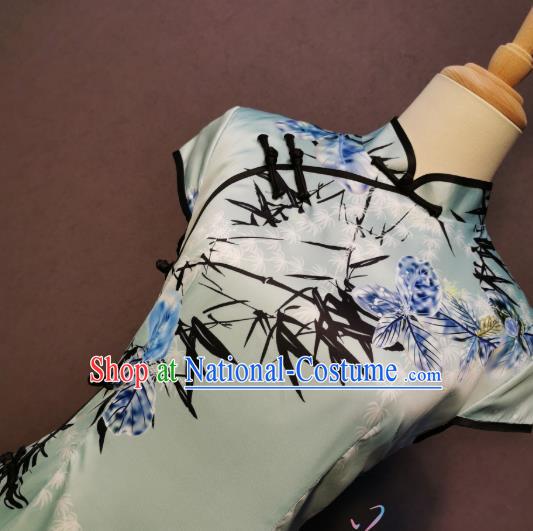 China Printing Bamboo Qipao Dress Shanghai Traditional Long Style Cheongsam Classical Catwalks Clothing