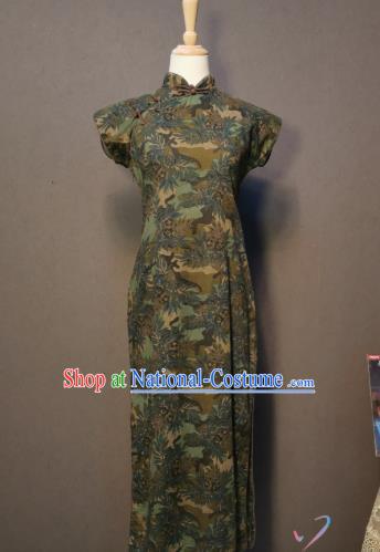 Printing Dark Green Qipao Dress Republic of China Traditional Shanghai Cheongsam Classical Dance Clothing