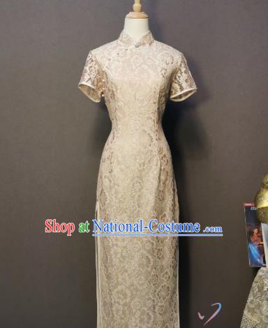 Traditional Shanghai Beige Lace Qipao Dress Republic of China Clothing Classical Dance Cheongsam