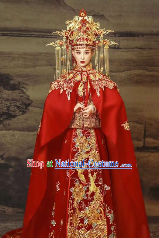 Chinese Wedding Embroidered Red Hanfu Dress Traditional Costumes Bride Xiuhe Suits with Cloak and Headdress Complete Set