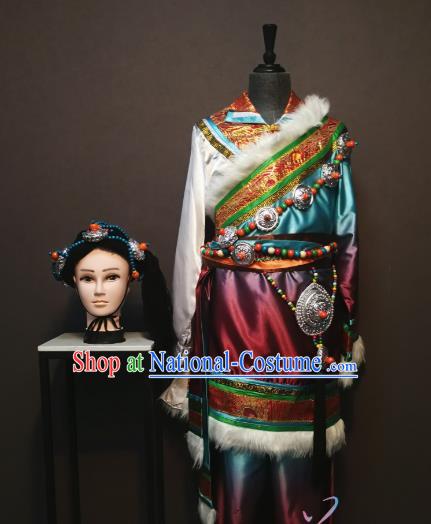 Custom China Traditional Zang Ethnic Men Clothing Minority Folk Dance Costumes Tibetan Nationality Water Sleeve Robe and Headwear