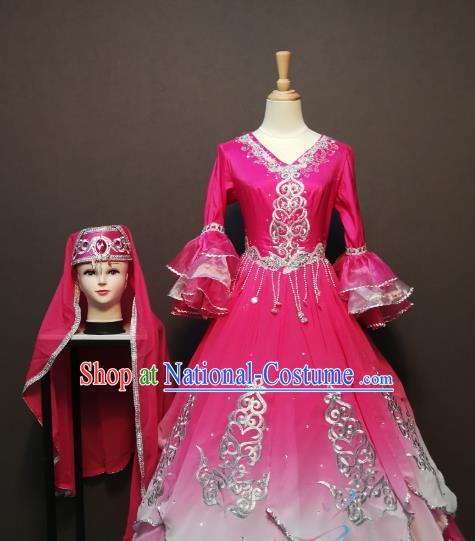 Custom China Xinjiang Ethnic Bride Clothing Traditional Minority Folk Dance Costumes Kazak Nationality Rosy Dress and Hat