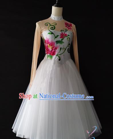 Women Jasmine Flower Dance Clothing China Spring Festival Gala Opening Dance Costumes Embroidered Peony White Dress