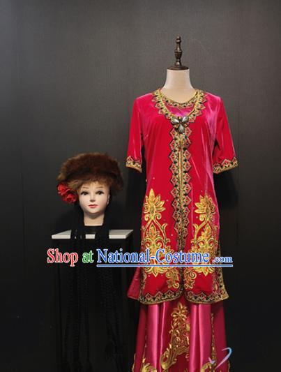 Custom China Xinjiang Ethnic Clothing Traditional Minority Folk Dance Costumes Uyghur Nationality Rosy Gown and Dress with Hat Full Set