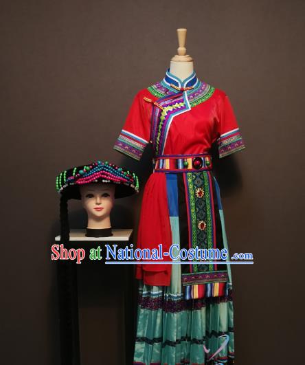 Custom China Xiangxi Tujia Ethnic Clothing Traditional Yao Minority Costumes Nationality Folk Dance Outfits and Headwear