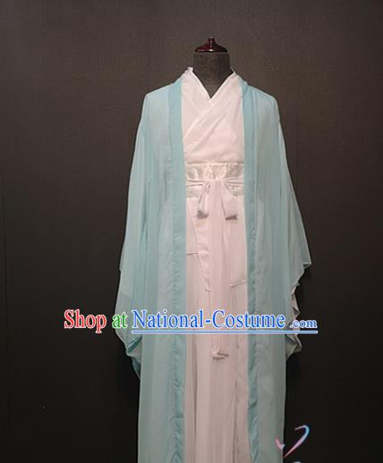 China Ancient Swordsman Clothing Drama Han Dynasty Scholar Costume Blue Cape and White Robe