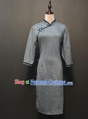 Republic of China Women Qipao Dress Drama Performance Dance Clothing Grey Suede Fabric Cheongsam