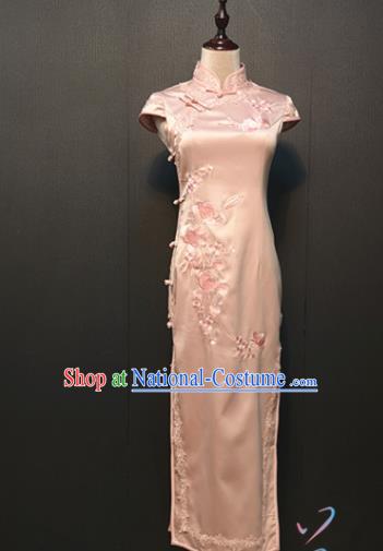 Republic of China Shanghai Qipao Dress Drama Performance Classical Dance Clothing Embroidered Pink Silk Cheongsam