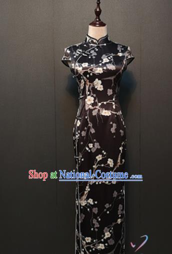 Republic of China Black Silk Cheongsam Drama Performance Classical Dance Clothing Shanghai Plum Blossom Pattern Qipao Dress