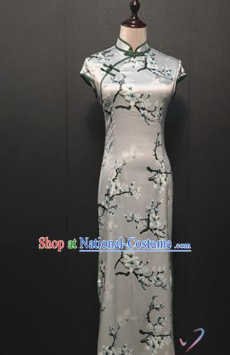 Custom Printing Magnolia Gray Silk Cheongsam Drama Performance Clothing Republic of China Classical Young Mistress Qipao Dress