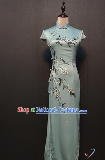 Custom Printing Pear Blossom Green Silk Cheongsam Drama Performance Clothing Republic of China Classical Shanghai Qipao Dress