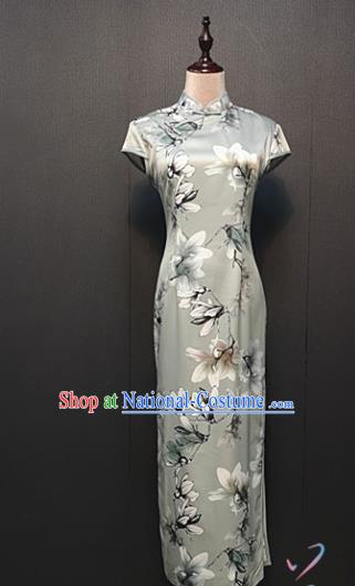 Custom Shanghai Mother Silk Cheongsam Drama Performance Clothing Republic of China Magnolia Pattern Gray Qipao Dress